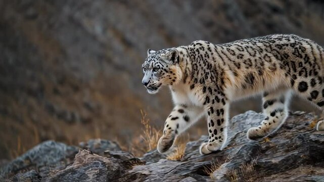 Majestic snow leopard walking on rocky terrain in its natural habitat