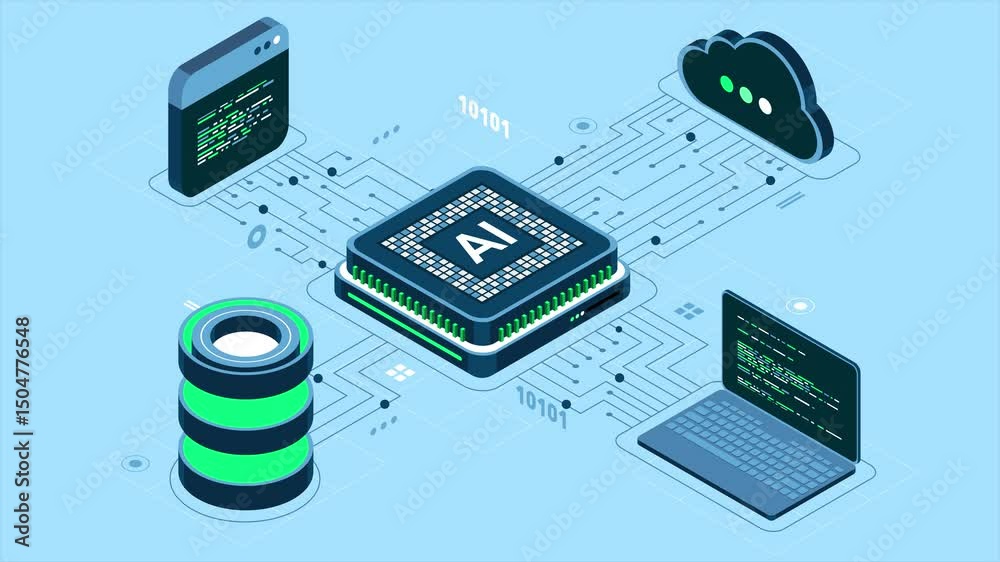  isometric artificial intelligence chip animation. artificial intelligence server. futuristic microch