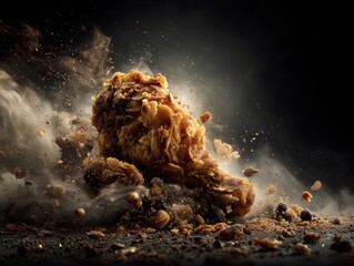 Fried chicken explodes in a dramatic display of food.
