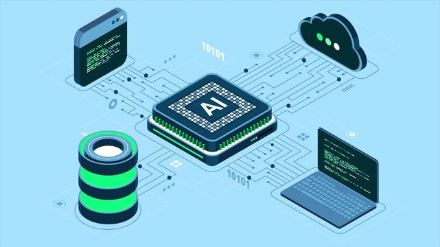 Isometric artificial intelligence chip animation. Artificial Intelligence server. Futuristic microchip processor. Isometric cloud computing. 4K video animated in isometric style