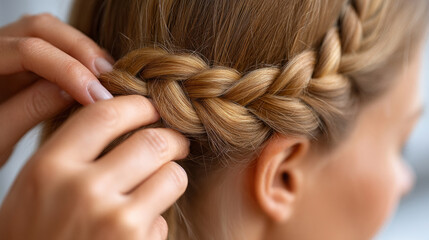 Obraz premium Artistry of hair braiding with fingers in gentle motion