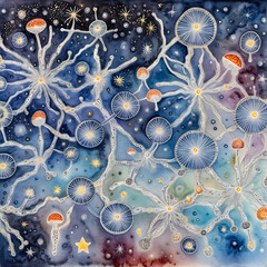 Sprawling fungal mycelium form constellations in an imagined sky. Dots, stars, and tiny spores act as navigational symbols, and the fungal strands create a branching, celestial web across the page.