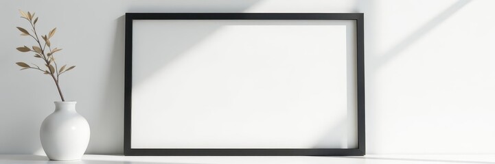 Sleek black frame mockup, minimal white backdrop, subtle shadow , home decor, template