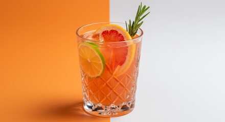 Vibrant crystal cocktail glass with ice, citrus, and fresh rosemary against split backdrop