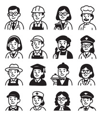 Diverse Professions 16 Outline Avatar Icons for Design Projects
