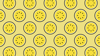 Fototapeta premium Seamless pattern of passion fruit slices on yellow. Tropical, exotic, and fresh fruit vector design.