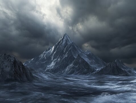 A dramatic mountain range under a stormy sky.