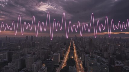 Sound waves pulsating across illuminated urban skyline, visualizing vibrant digital frequencies and metropolitan communication networks during evening dusk - Powered by Adobe