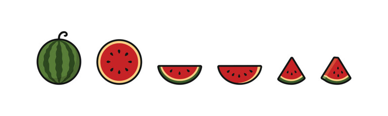 Watermelon icon set: whole, half, and slices. Fresh fruit vector illustrations. Perfect for food and summer designs.