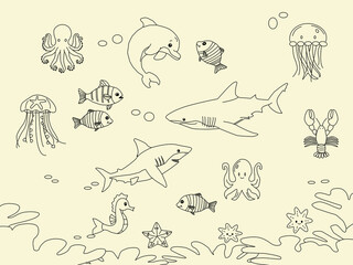 seamless pattern with sea animals. Cute hand drawn sea animals doodle set. Ocean and sea animal set. Collection of aquatic creature. Set with hand drawn sea life elements.