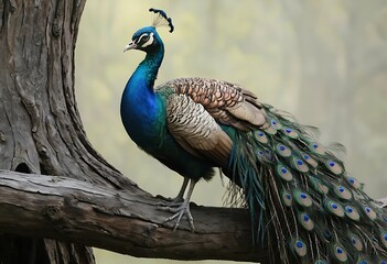 Majestic Peacock Perched on a Rustic Branch. Generative Ai