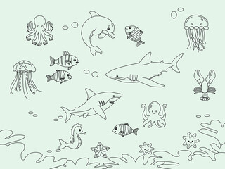 seamless pattern with sea animals. Cute hand drawn sea animals doodle set. Ocean and sea animal set. Collection of aquatic creature. Set with hand drawn sea life elements.