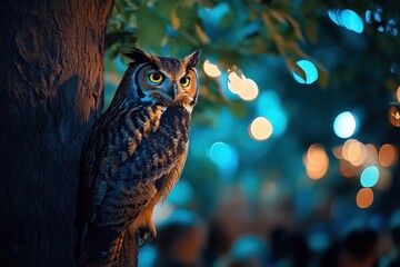Nocturnal owl perched on tree trunk at night