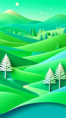 A green landscape with a river and trees. The trees are small and the landscape is very peaceful