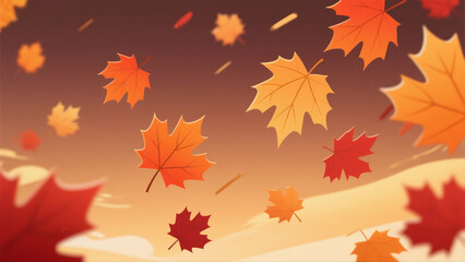A colorful autumn scene with leaves falling from the sky. The leaves are orange and yellow, and they are scattered all over the ground