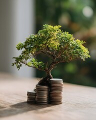Small Tree Growing on Stack of Coins Financial Growth Concept