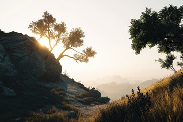 Tranquil sunset landscape with silhouette of trees and rocky terrain