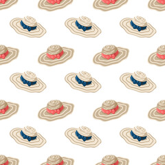 Seamless summer pattern with elegant straw hats and colorful ribbons and bows. Cartoon vector background