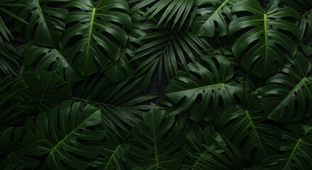 Lush tropical monstera and palm leaves create a dense, dark green jungle foliage scene.