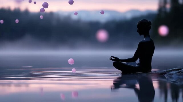 Emotional intelligence mastery concept Meditative figure.  A serene scene of meditation by a tranquil lake highlighted by floating pink lanterns at dawn creating a peaceful ambiance.