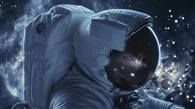 Astronaut wearing spacesuit with american flag patch observes galaxy through helmet visor, with subtle movements and changing perspectives in space