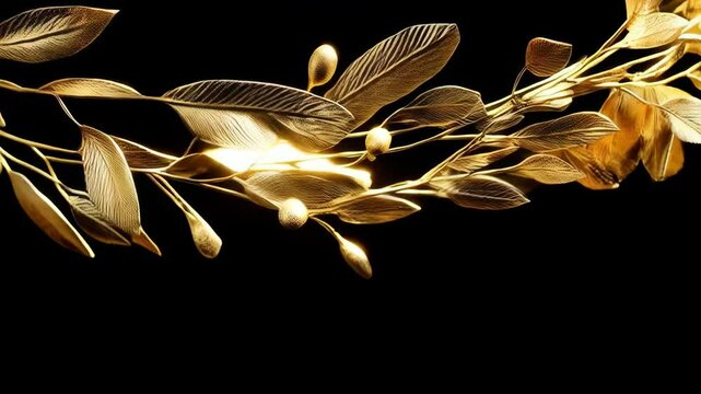 Elegant gold foliage crown decoration made of golden leaves and berries on a dark black background with a decorative aesthetic.