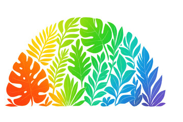 Rainbow gradient tropical leaves semi-circling, showcasing summer pride vibrancy with transparent botanical layout against white backdrop