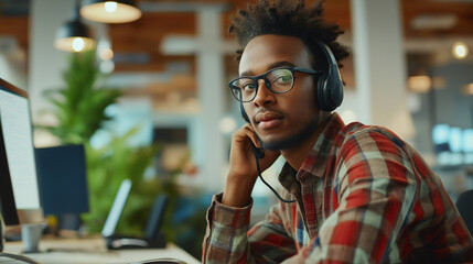 Young professional making call with headset in modern office