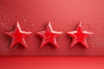Three Glossy Red Stars on Red Background - 3D Render