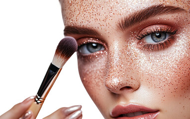 Editorial makeup artist applying a high glam look to a professional model in a beauty studio Isolated on Transparent Background PNG