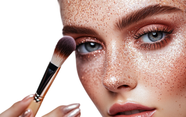 Editorial makeup artist applying a high glam look to a professional model in a beauty studio Isolated on Transparent Background PNG