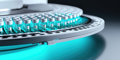 A circular arrangement of small, sealed vials is positioned in a high-tech laboratory device. Concept: scientific technology, laboratory equipment