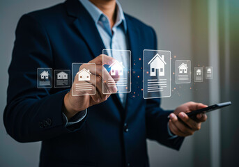 Real estate agent searching for property online using digital interface technology app home search