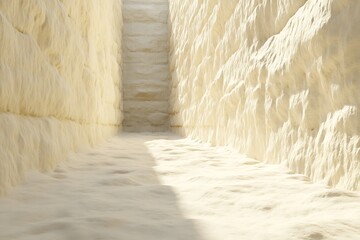 Sunlit Path Through Textured White Cliffs, Dramatic Light and Shadow