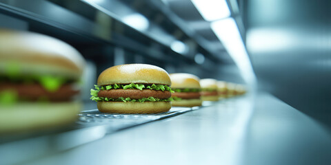 A row of burgers with lettuce and a patty is displayed on a metal conveyor belt. Fast food production in an industrial setting