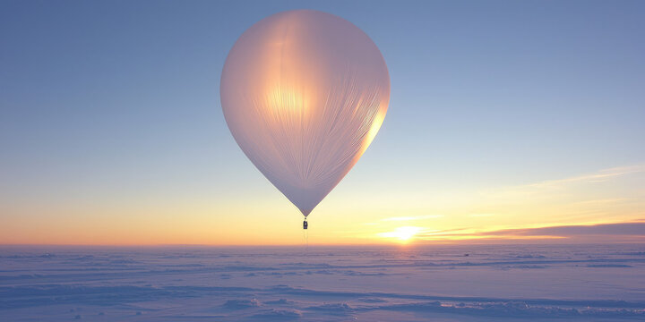Stratospheric balloon floats above an expansive icy landscape at sunset. Exploration, science, and adventure - Powered by Adobe