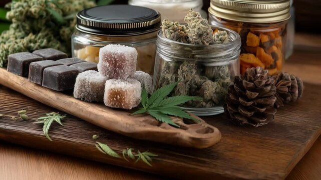 Variety of Cannabis Edibles and Buds Displayed in Jars on Wooden Board for Gourmet or Wellness Themes