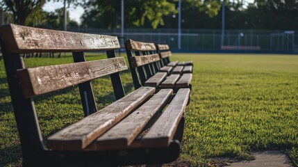 Park benches in a grassy field