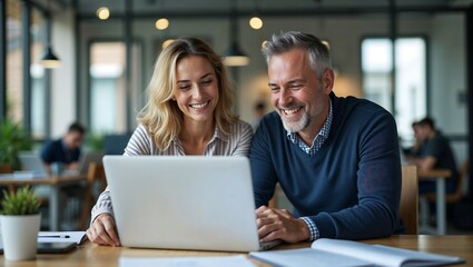 Business team of two executives working together using laptop in office,using,online,team