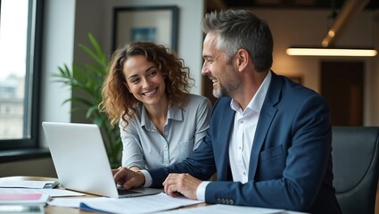 Fototapeta premium Business team of two executives working together using laptop in office, 