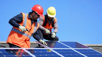 Two technicians are installing solar panels on the roof of a building with a bright blue sky in the background,sky,plant,ecology