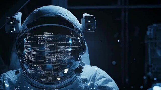 Spacesuited astronaut sitting in space station, analyzing digital data with code reflecting on helmet visor against dark background, representing futuristic space exploration technology