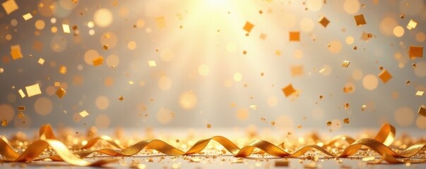 Cascading gold ribbons, dynamic confetti shower, celebratory, horizontal