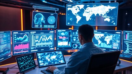 Fototapeta premium a working analyst surrounded by screens displaying cyber threats,digital,screen