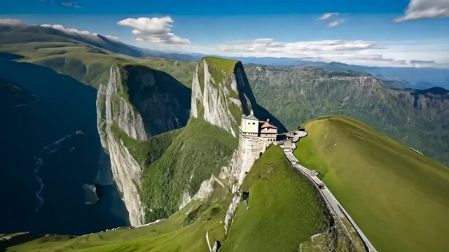 "Cliffside Cabin Over Emerald Lake - Drone View 4K"