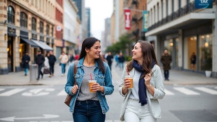 Naklejka premium Two friends are walking leisurely down a city street while carrying coffee drinks and laughing together,person,coffe