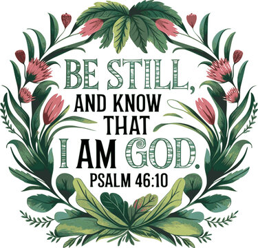 Be still, and know that I am God &ndash; Psalm 46:10 &ndash; Hand-lettered Bible verse with lush wreath of plants illustration on transparent background &ndash; christian design artwork