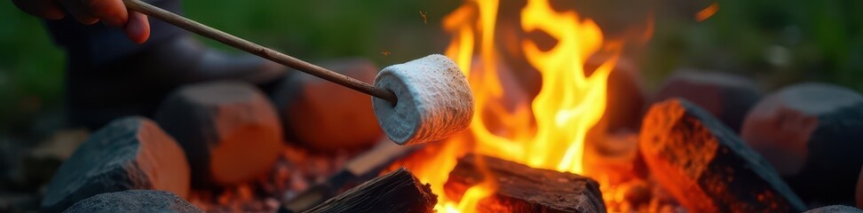 Golden brown marshmallow roasting over campfire flames,  chocolate,  gooey,  food