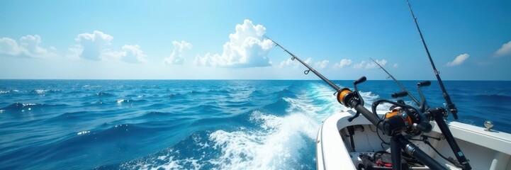 Blue sea panoramic view, boat fishing with trolling rod and reels, calm, summer