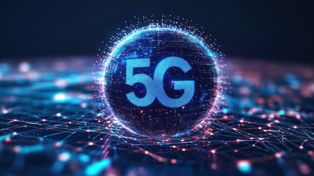 A 5g digital globe with network connections and ai data points glowing on dark background, symbolizing innovation and technology concept
